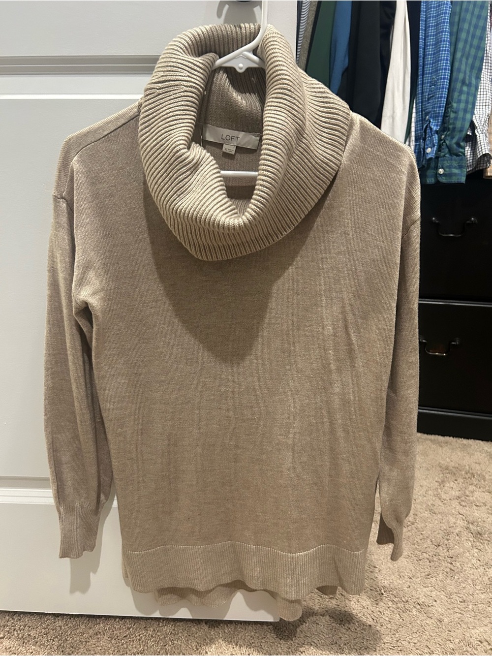 LOFT Taupe Ribbed Cowl Neck Sweater